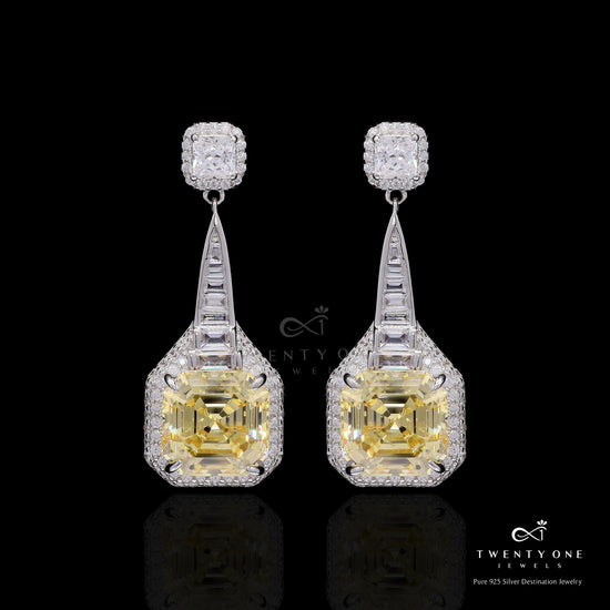 Premium Handcrafted Yellow Ascher Cut Diamond Party Danglers with Baguettes on Pure 925 Silver