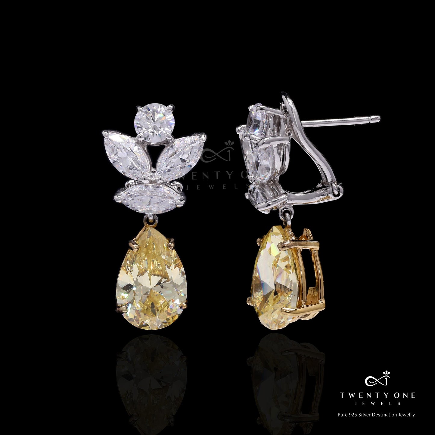 Premium Handcrafted Yellow Diamond Drop Solitaire Statement Party Earrings on Pure 925 Silver
