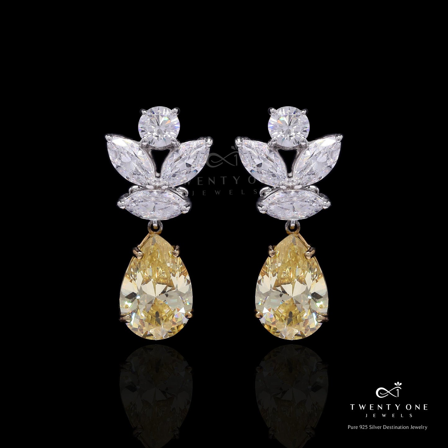 Premium Handcrafted Yellow Diamond Drop Solitaire Statement Party Earrings on Pure 925 Silver
