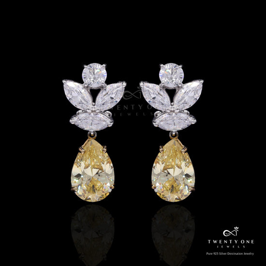 Premium Handcrafted Yellow Diamond Drop Solitaire Statement Party Earrings on Pure 925 Silver