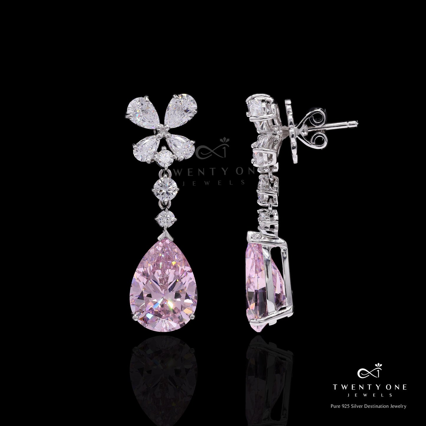 Premium Handcrafted Drop and Round Cut Solitaire Party Earrings with Statement Pink Diamond Drop on Pure 925 Silver