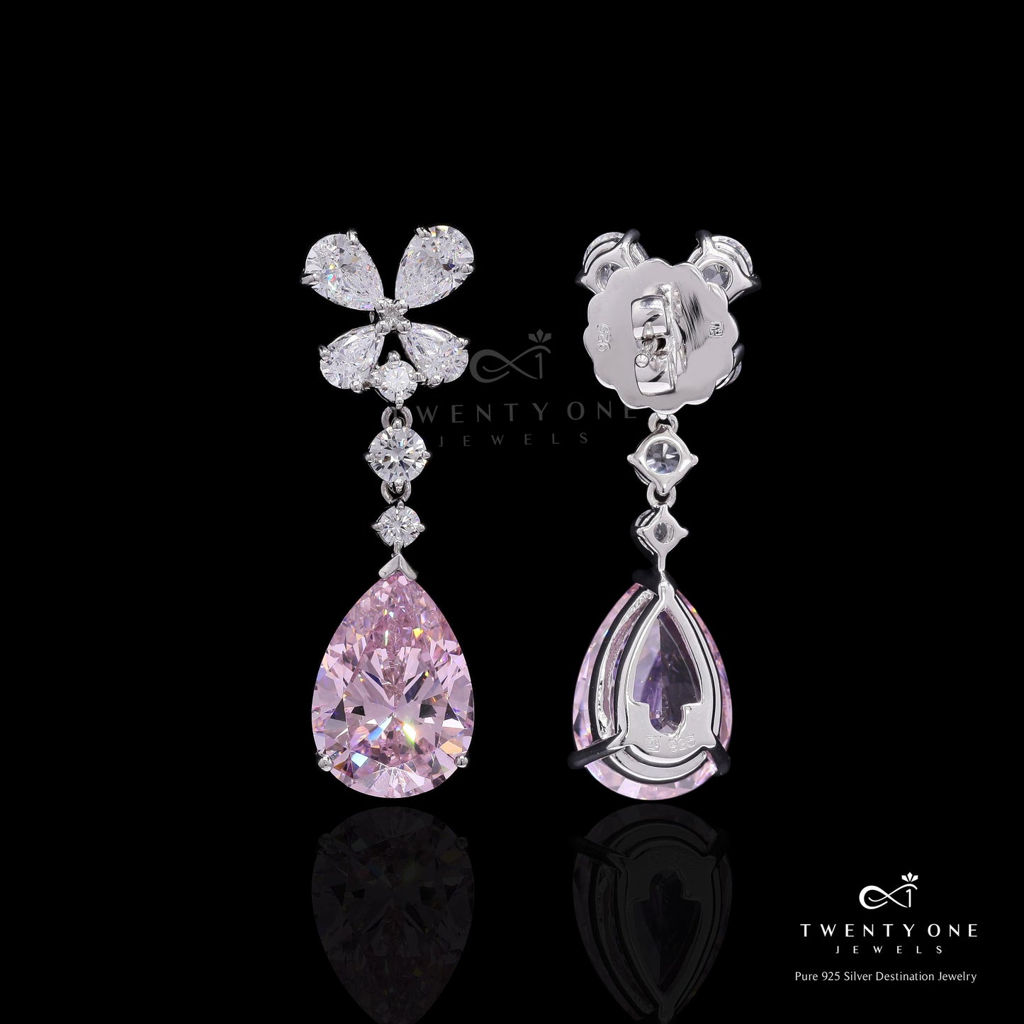 Premium Handcrafted Drop and Round Cut Solitaire Party Earrings with Statement Pink Diamond Drop on Pure 925 Silver