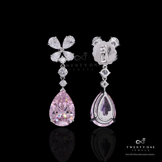 Premium Handcrafted Drop and Round Cut Solitaire Party Earrings with Statement Pink Diamond Drop on Pure 925 Silver