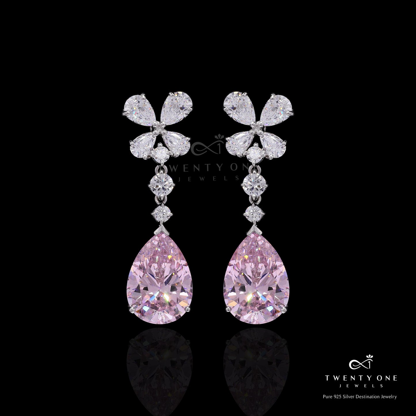 Premium Handcrafted Drop and Round Cut Solitaire Party Earrings with Statement Pink Diamond Drop on Pure 925 Silver