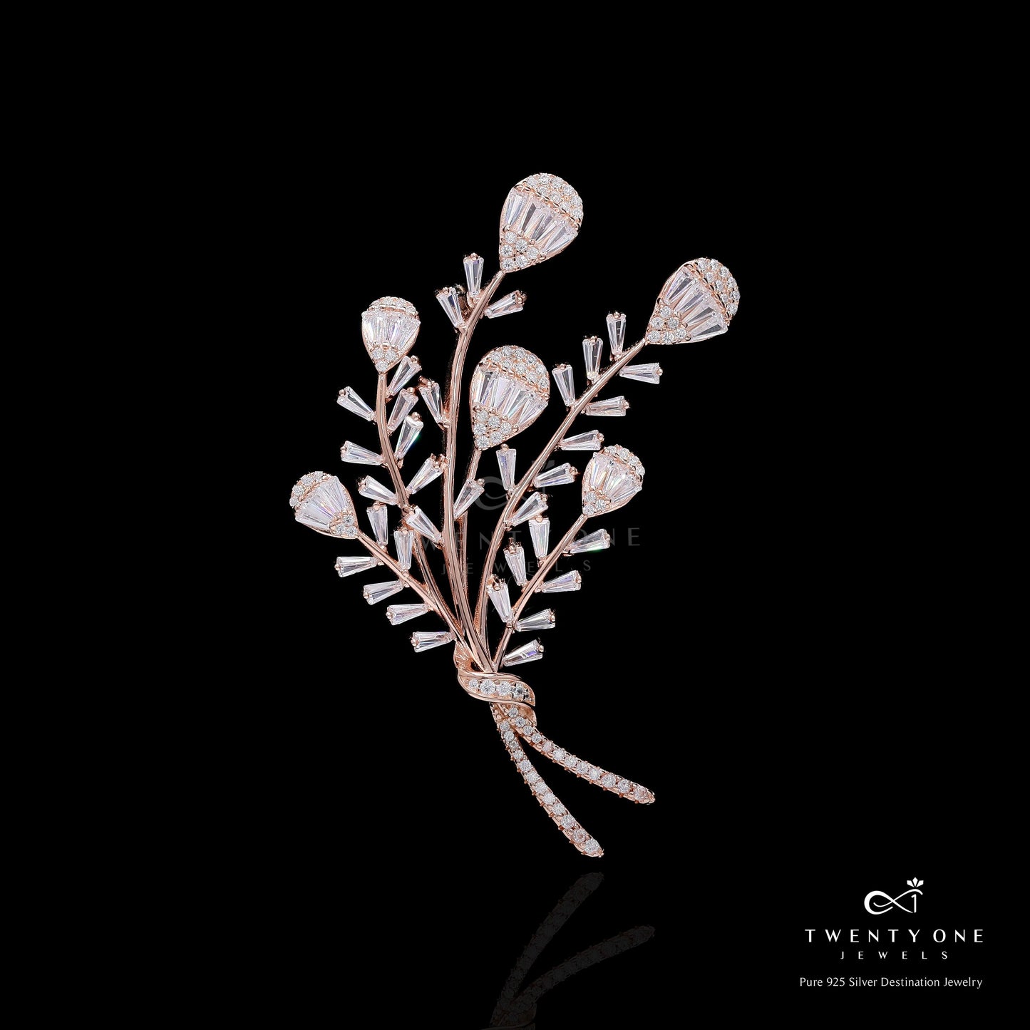 Premium Handcrafted Rose Gold Finish Floral American Diamond Bouquet Brooch with Baguettes on Pure 925 Silver