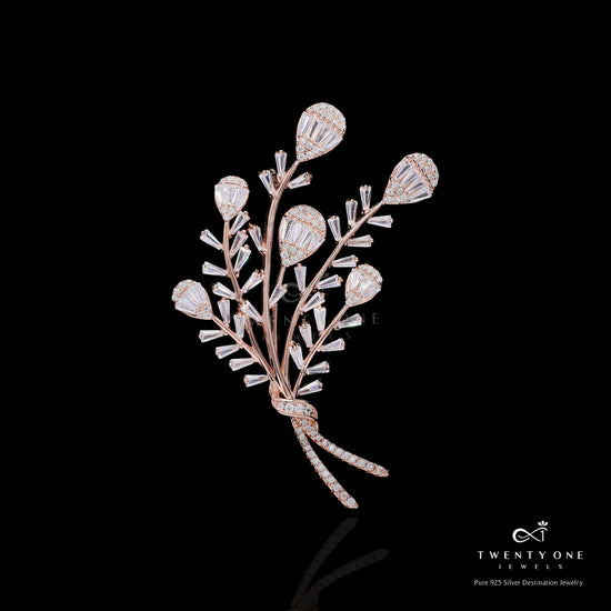 Premium Handcrafted Rose Gold Finish Floral American Diamond Bouquet Brooch with Baguettes on Pure 925 Silver