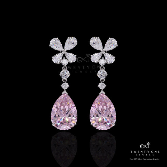 Premium Handcrafted Drop and Round Cut Solitaire Party Earrings with Statement Pink Diamond Drop on Pure 925 Silver