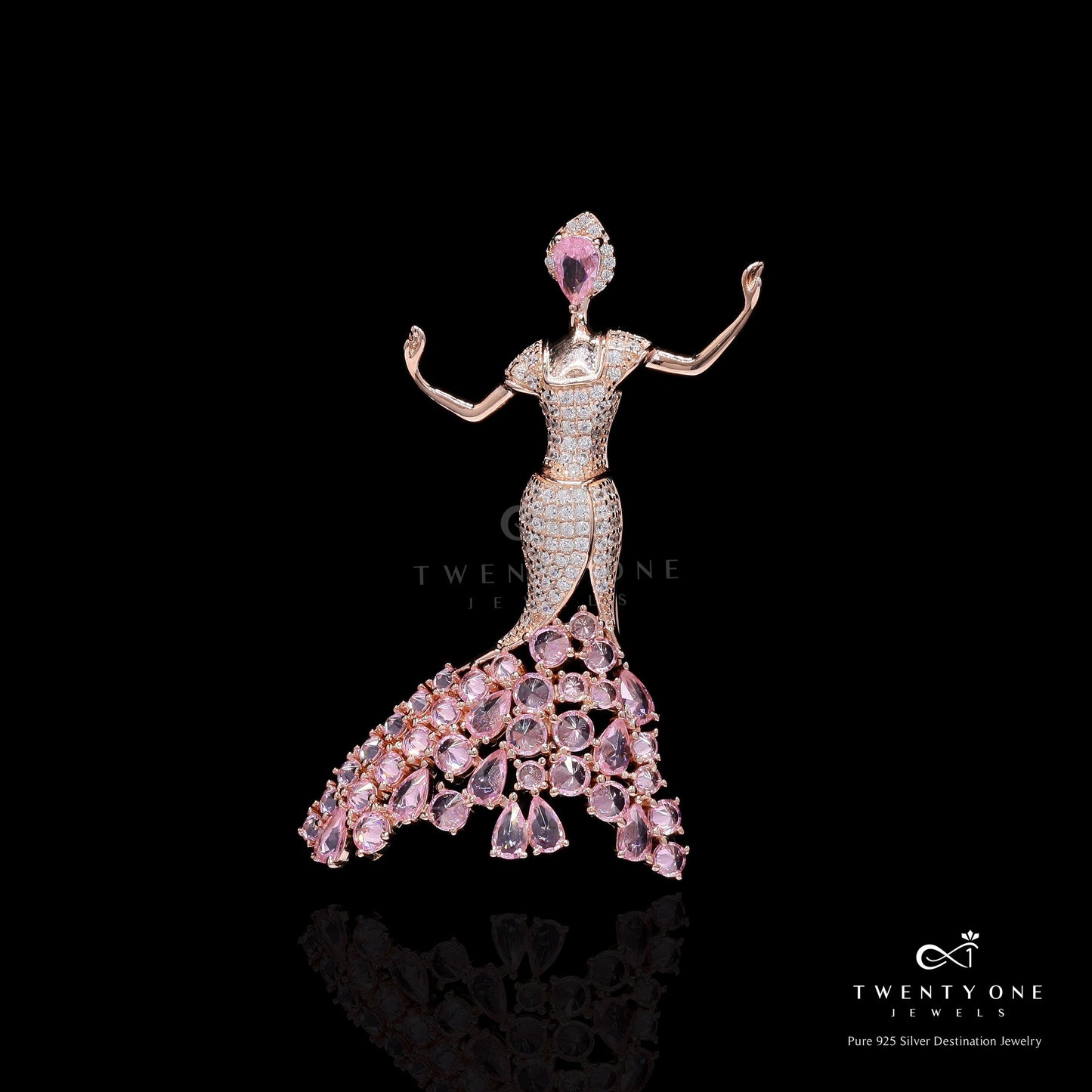 Premium Handcrafted Pink Rose Cut Diamond Brooch in Rose Gold Finish on Pure 925 Silver