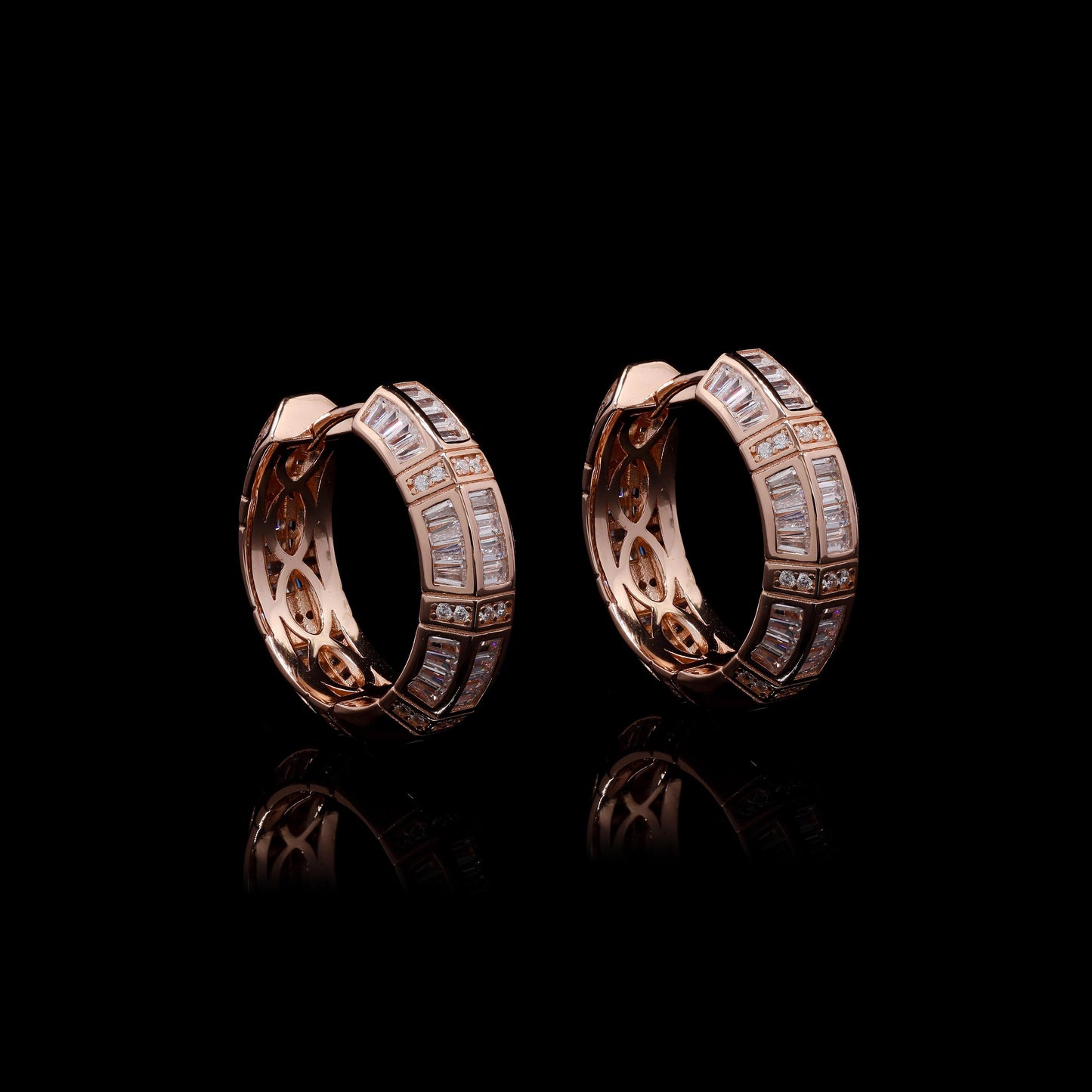 Premium Rose Gold Broad Hoops with American Diamond Baguettes
