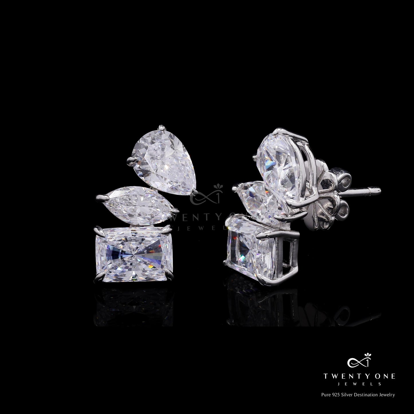 Premium Three Shape Solitaire American Diamond Studs on Pure 925 Silver