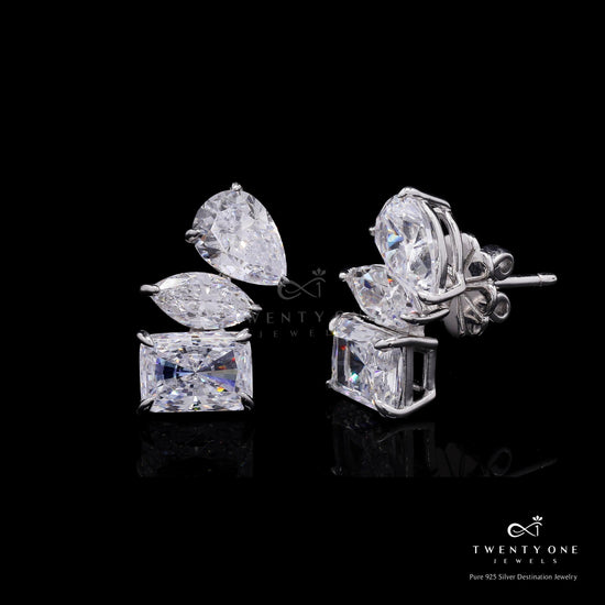 Premium Three Shape Solitaire American Diamond Studs on Pure 925 Silver