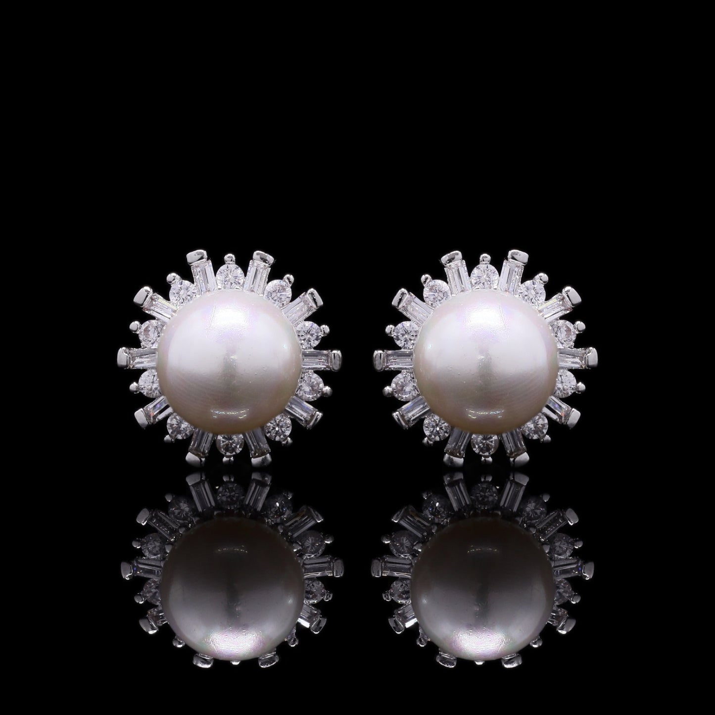 Fresh Water Pearl and American Diamond Baguette Studs