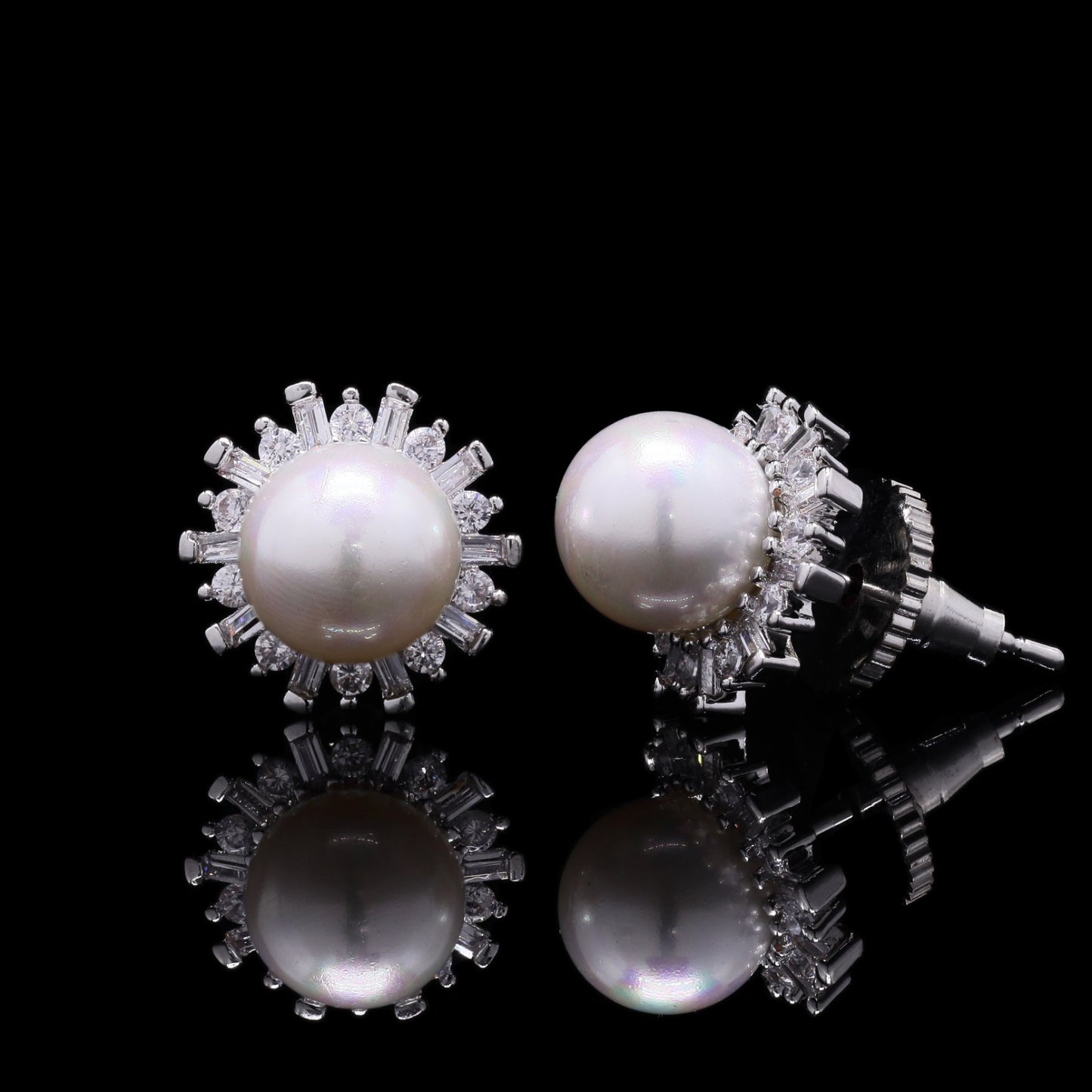 Fresh Water Pearl and American Diamond Baguette Studs