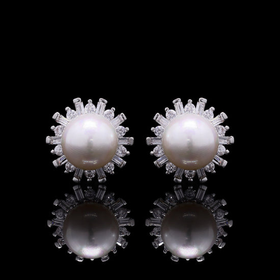 Fresh Water Pearl and American Diamond Baguette Studs