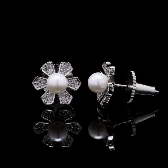 Fresh Water Pearl and American Diamond Petite Floral Studs