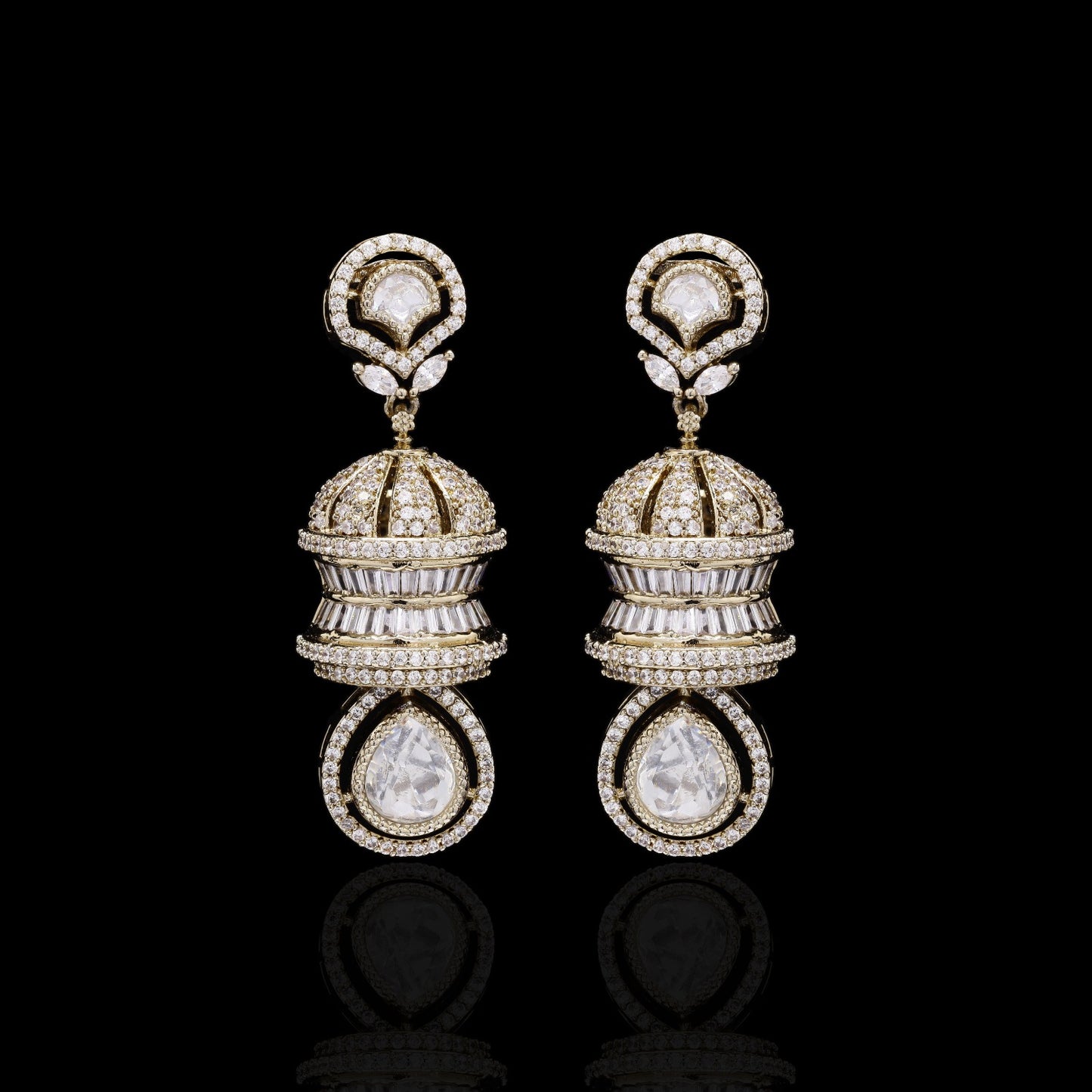 Festive Exclusive Antique Gold Finish 3 Layered Premium Moissanite Polki Jhumki Earrings