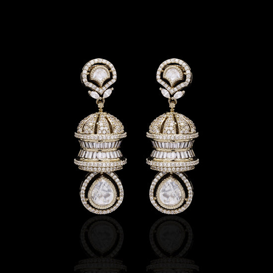 Festive Exclusive Antique Gold Finish 3 Layered Premium Moissanite Polki Jhumki Earrings