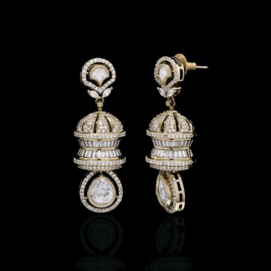 Festive Exclusive Antique Gold Finish 3 Layered Premium Moissanite Polki Jhumki Earrings