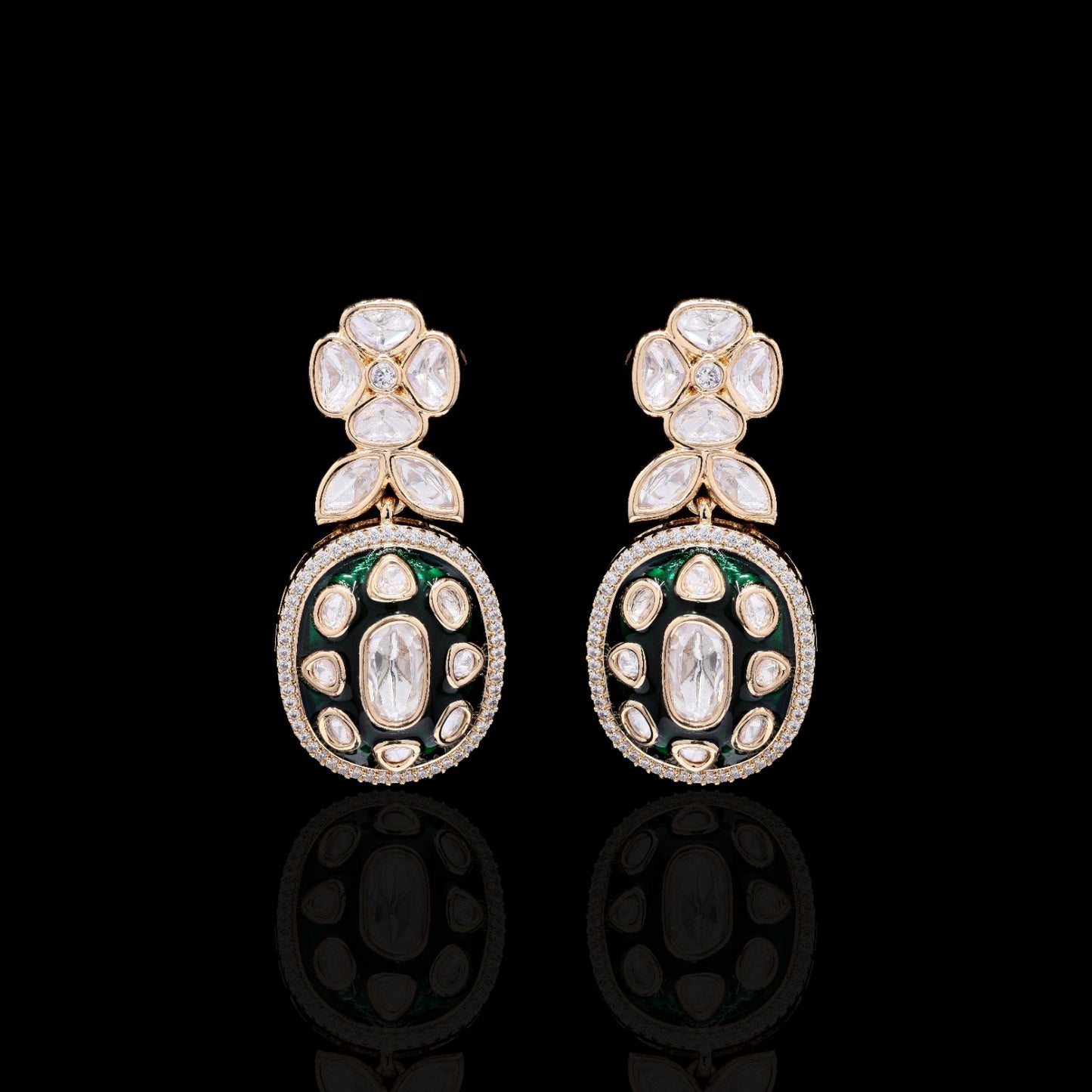 Festive Exclusive Gold Finish Green Enamel Moissanite Polki Earrings