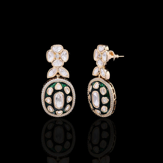 Festive Exclusive Gold Finish Green Enamel Moissanite Polki Earrings