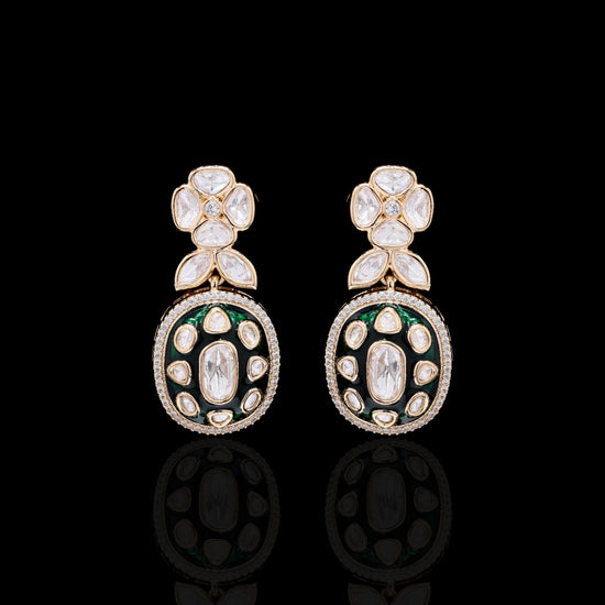 Festive Exclusive Gold Finish Green Enamel Moissanite Polki Earrings