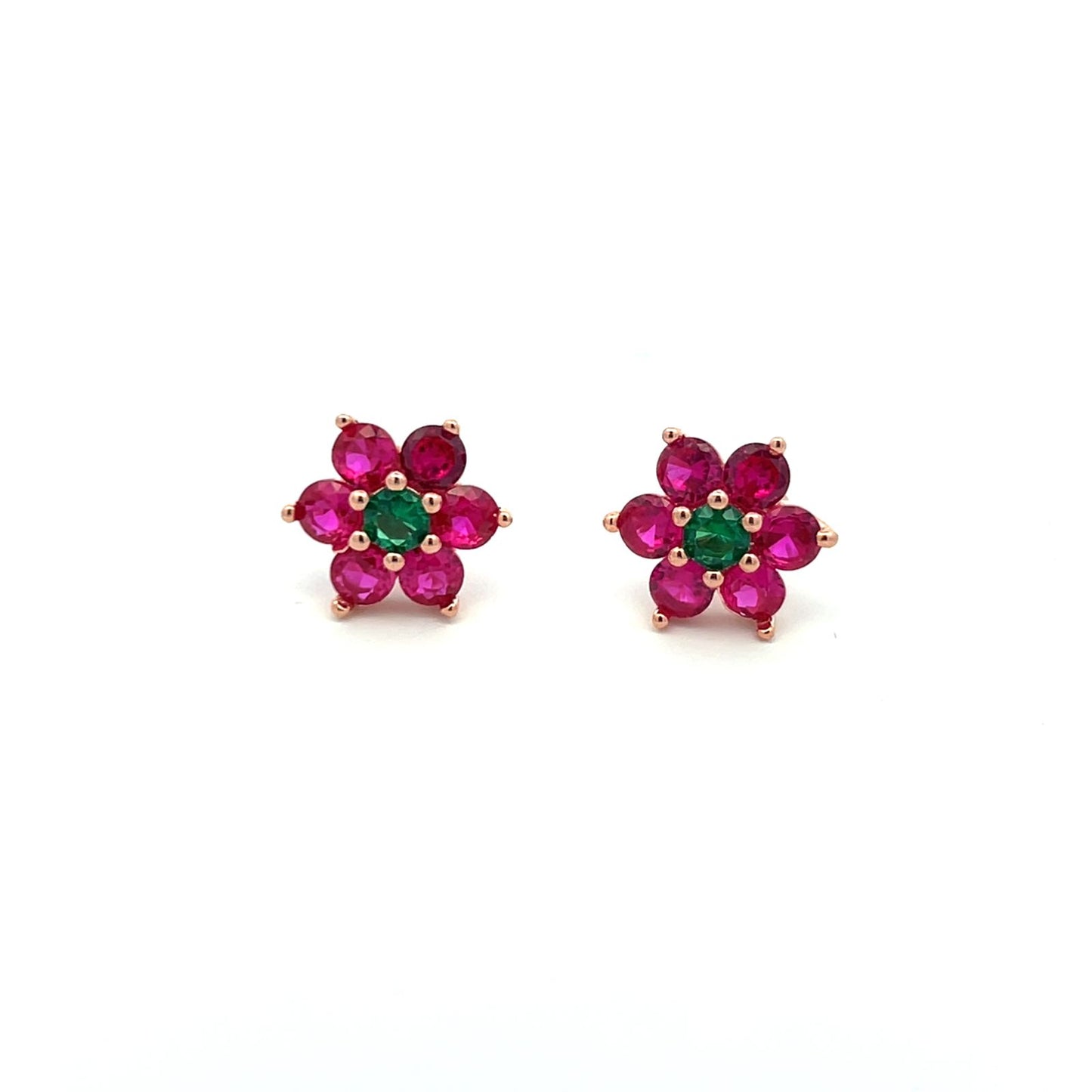 Pure 925 Silver 6 Petal Floral Ruby Studs with Centre Emerald