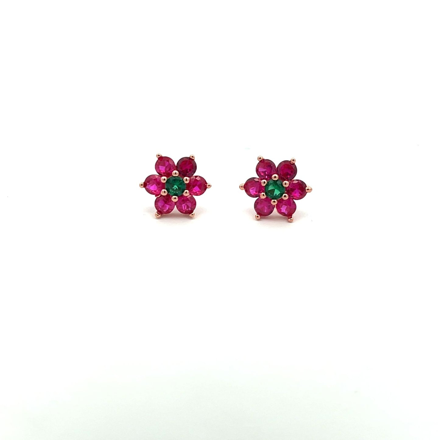 Pure 925 Silver 6 Petal Floral Ruby Studs with Centre Emerald