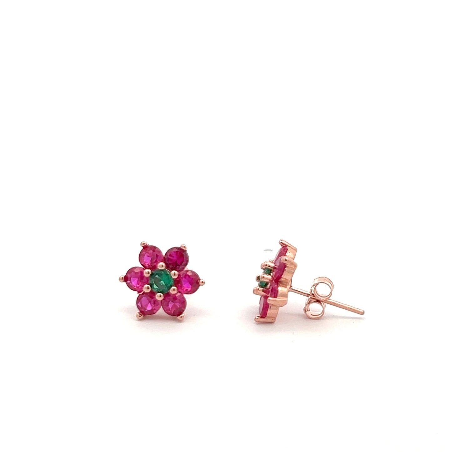 Pure 925 Silver 6 Petal Floral Ruby Studs with Centre Emerald