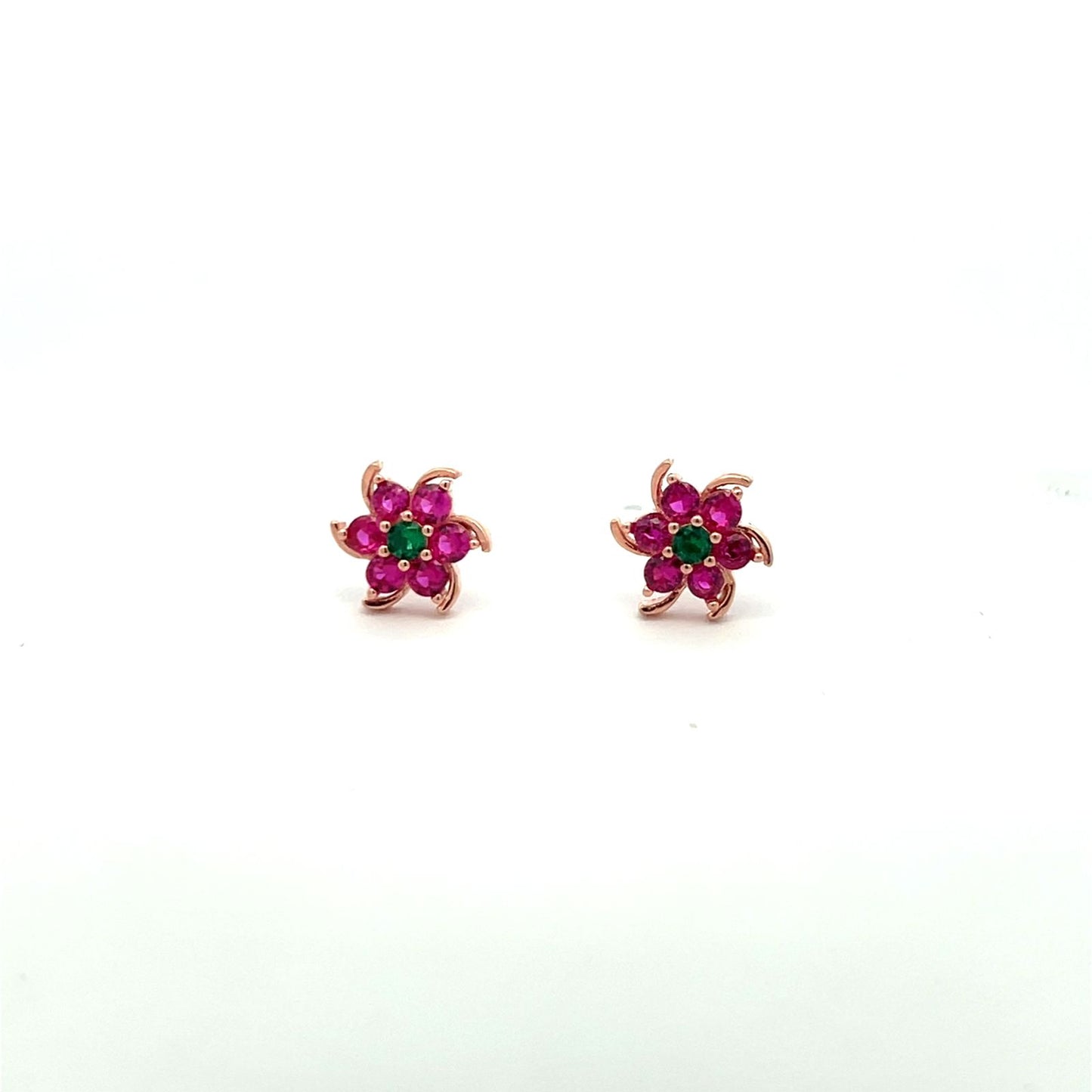 Pure 925 Silver 6 Petal Floral Ruby Rose Gold Studs with Centre Emerald