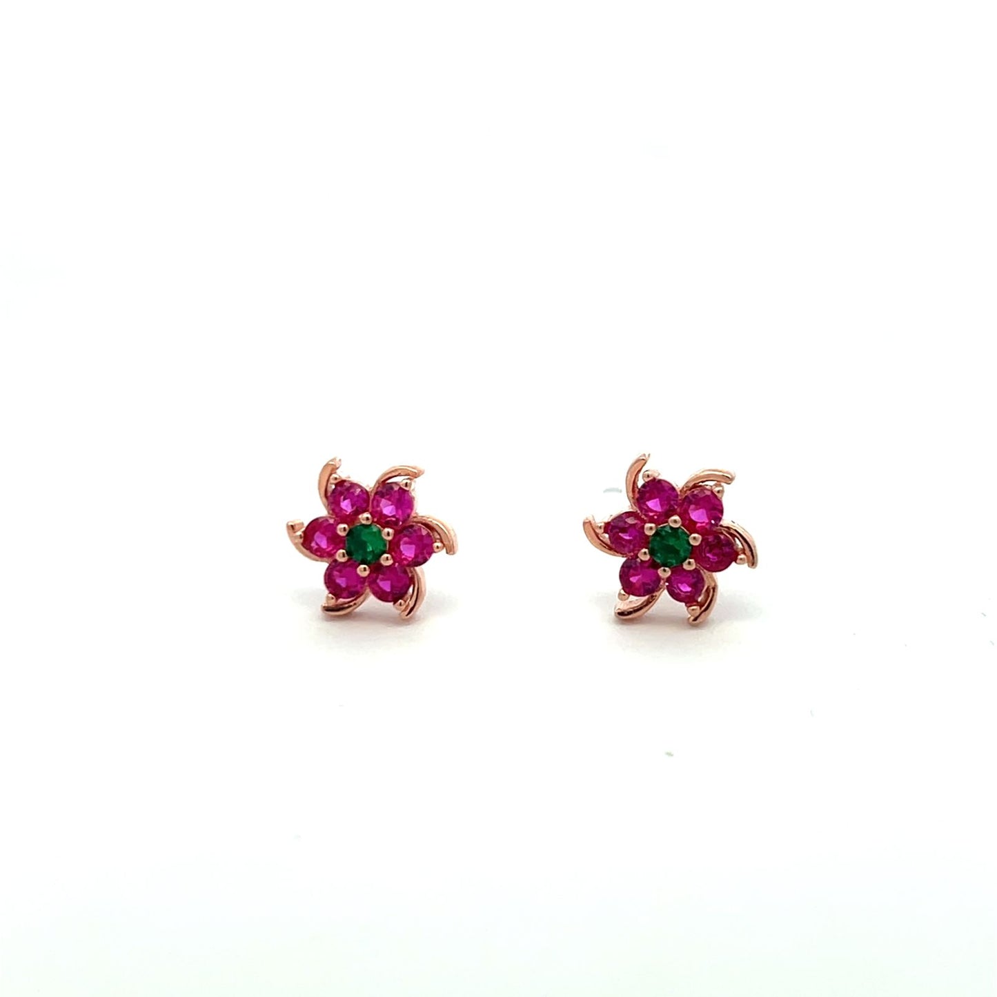 Pure 925 Silver 6 Petal Floral Ruby Rose Gold Studs with Centre Emerald