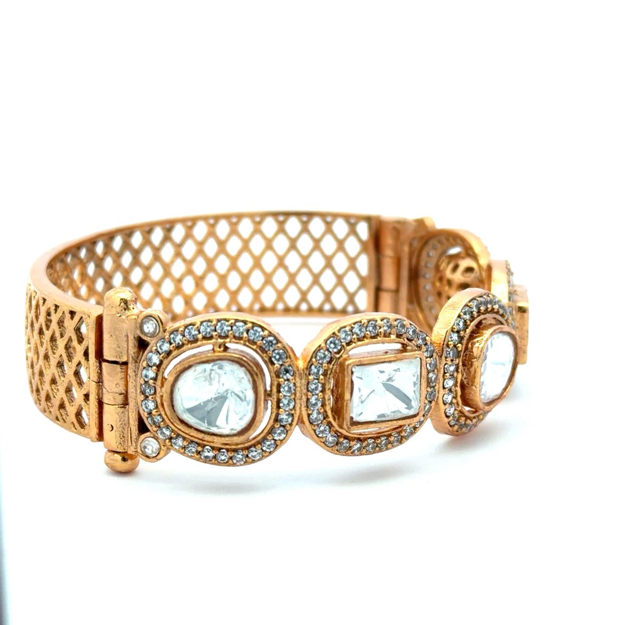 Gold Finish Multi Shape Polki Broad Openable Kada Bracelet for Women