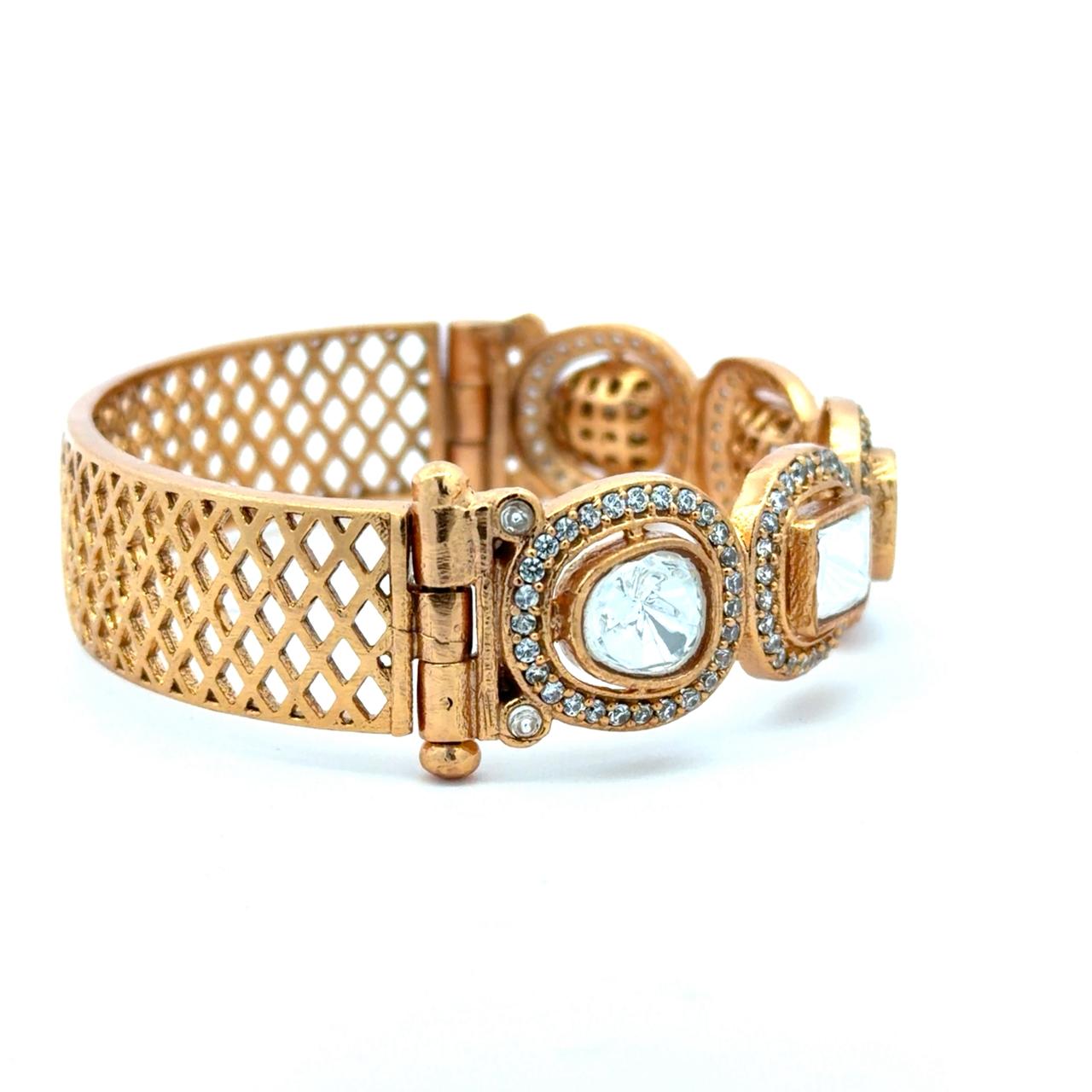 Gold Finish Multi Shape Polki Broad Openable Kada Bracelet for Women