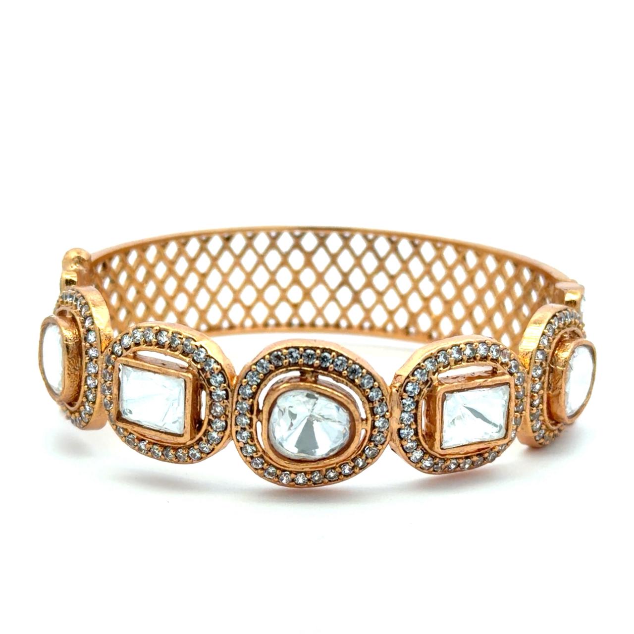 Gold Finish Multi Shape Polki Broad Openable Kada Bracelet for Women