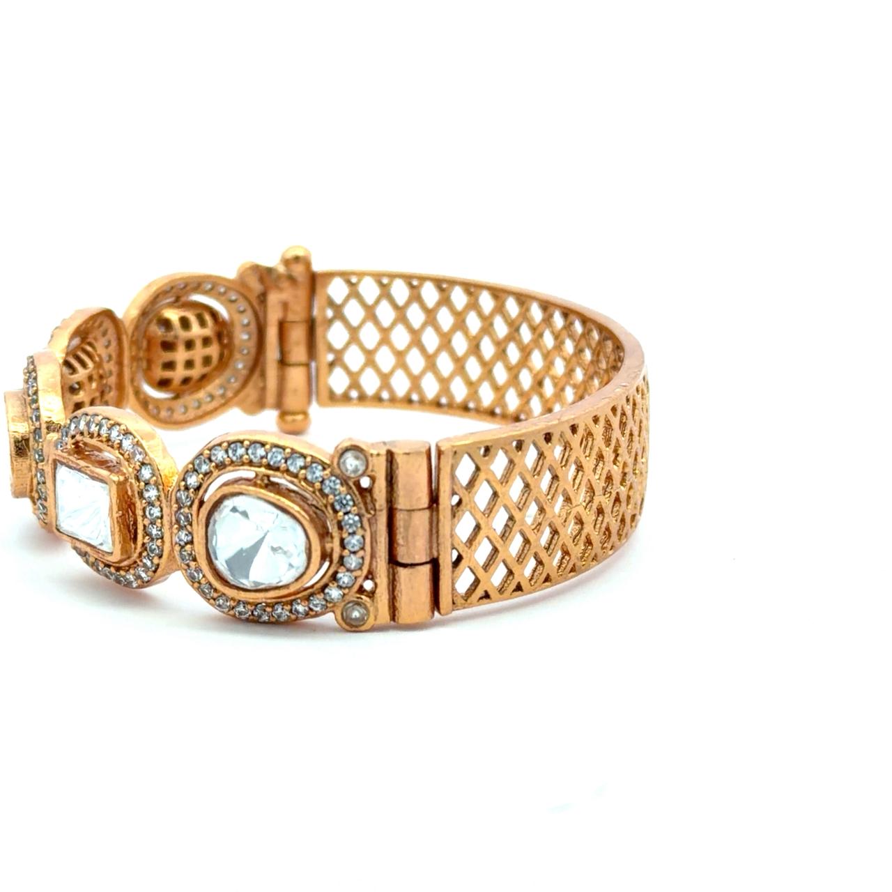 Gold Finish Multi Shape Polki Broad Openable Kada Bracelet for Women