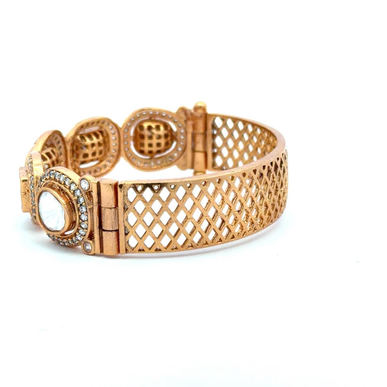Gold Finish Multi Shape Polki Broad Openable Kada Bracelet for Women