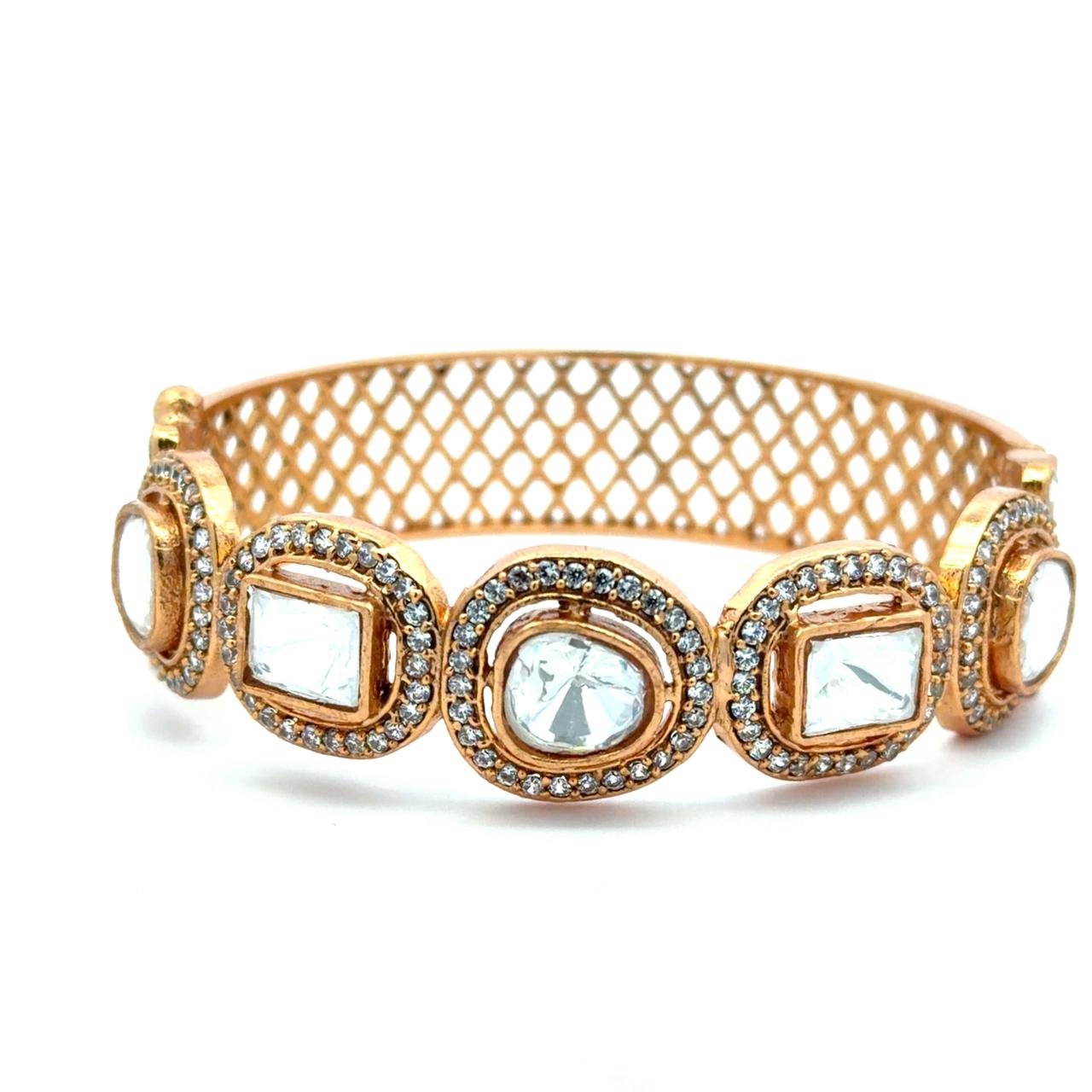 Gold Finish Multi Shape Polki Broad Openable Kada Bracelet for Women