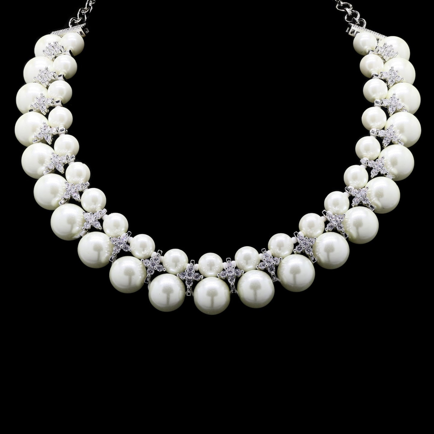 TOJ Everyday - Double Line White Natural Fresh Water Peal Necklace Set with American Diamonds for Women