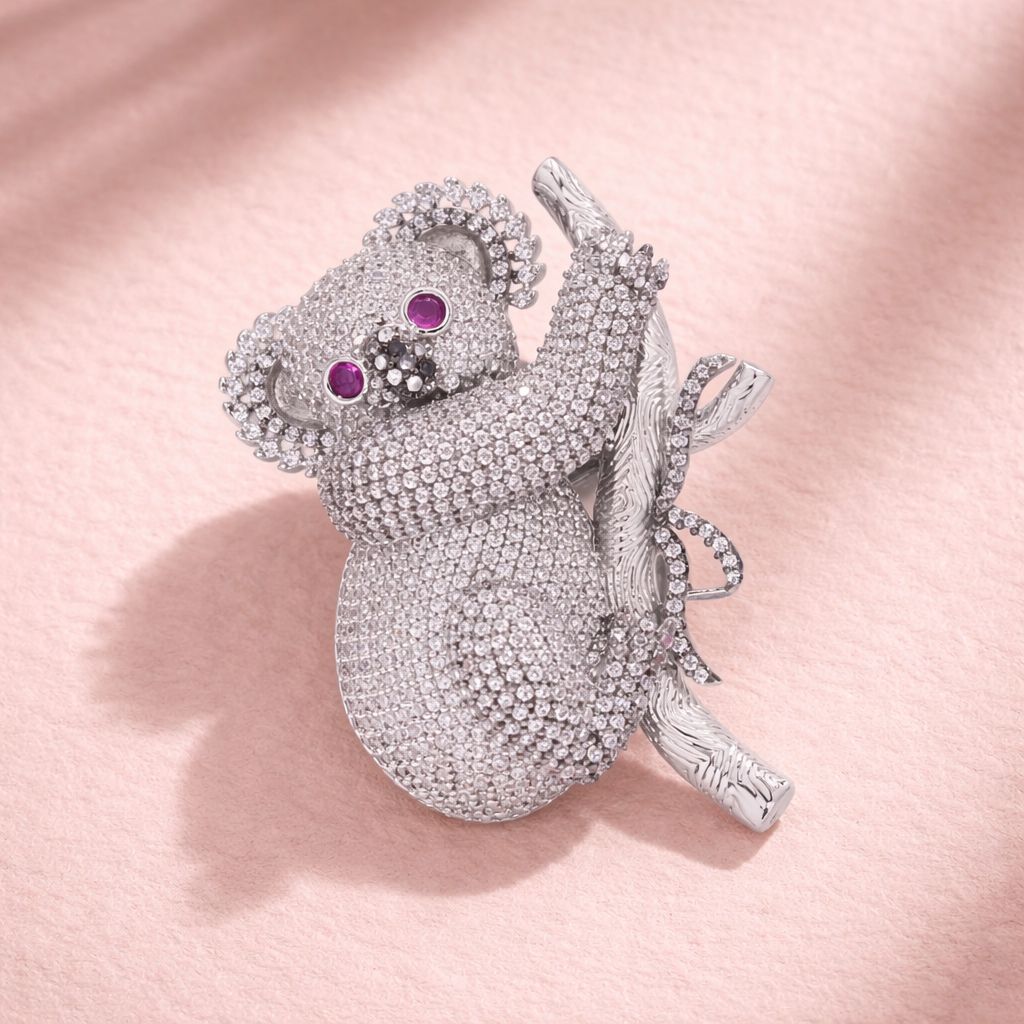 TOJ Everyday - Micro Setting Diamond Studded Koala Bear Unisex Statement Brooch for Men and Women with Ruby Dt