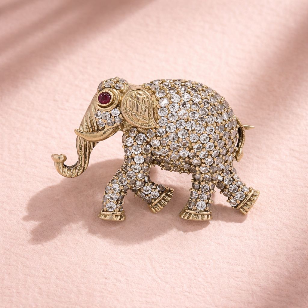 TOJ Everyday - Antique Gold Finish Diamond Studded Elephant Unisex Brooch with Ruby Detailing