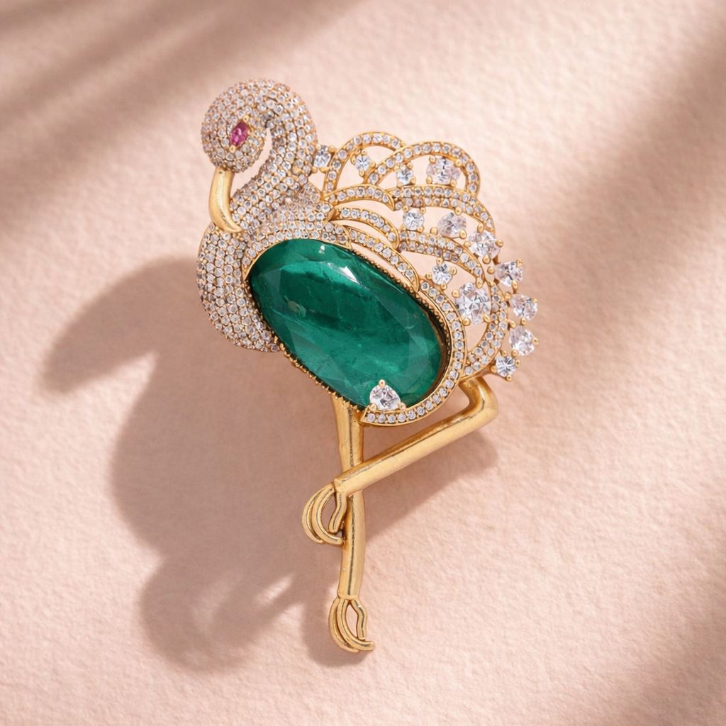 TOJ Everyday - Premium Diamond Studded Unisex Swan Brooch with Hydro Ruby and Emerald