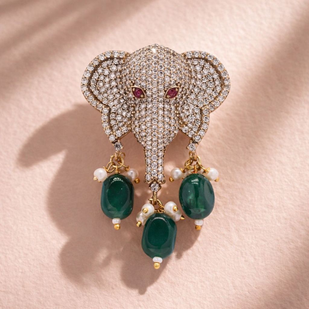 TOJ Everyday - Antique Gold Finish Lord Ganesha Unisex Brooch for Men and Women with Emerald Drops