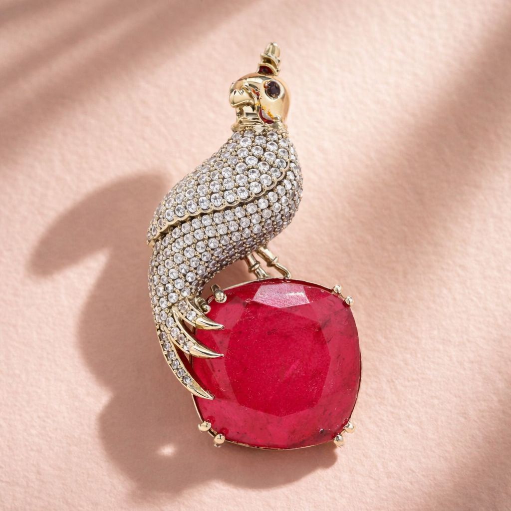 TOJ Everyday -  Antique Gold Finish Diamond and Ruby Royal Bird Unisex Brooch for Men and Women