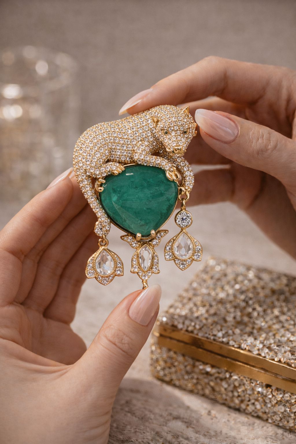 TOJ Everyday - Antique Gold Finish Jaguar Unisex Brooch for Men and Women with Polki and Green Emerald Detailing