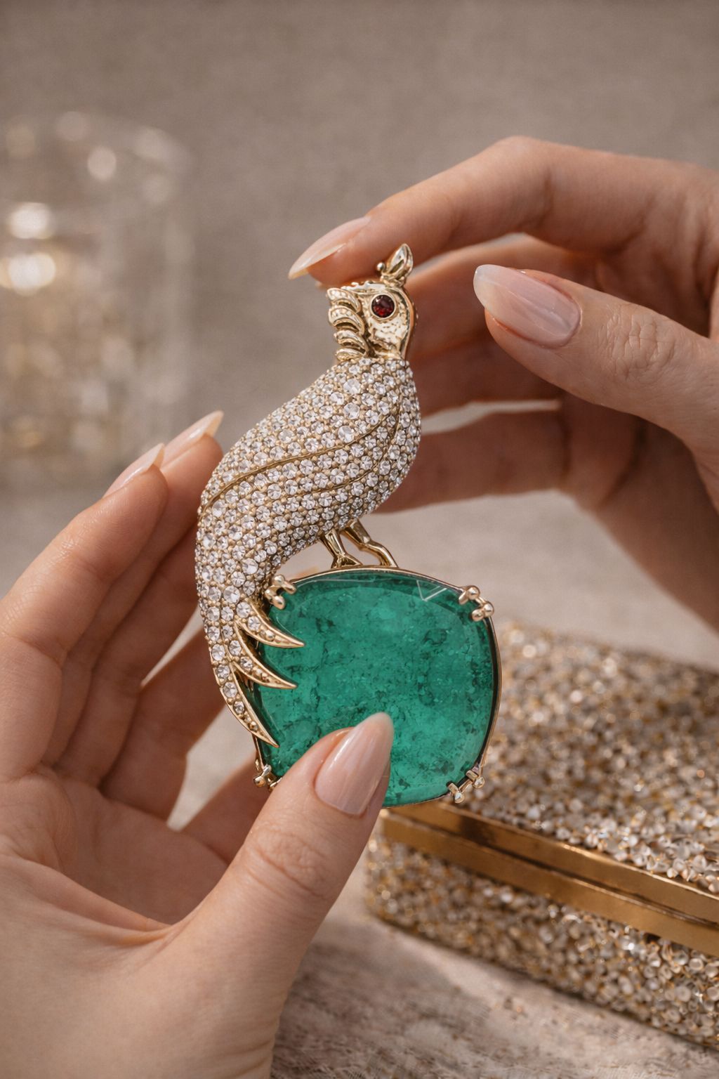 TOJ Everyday - Antique Gold Finish Micro Setting Diamond Unisex Bird Brooch for Men and Women with Emerald Detailing