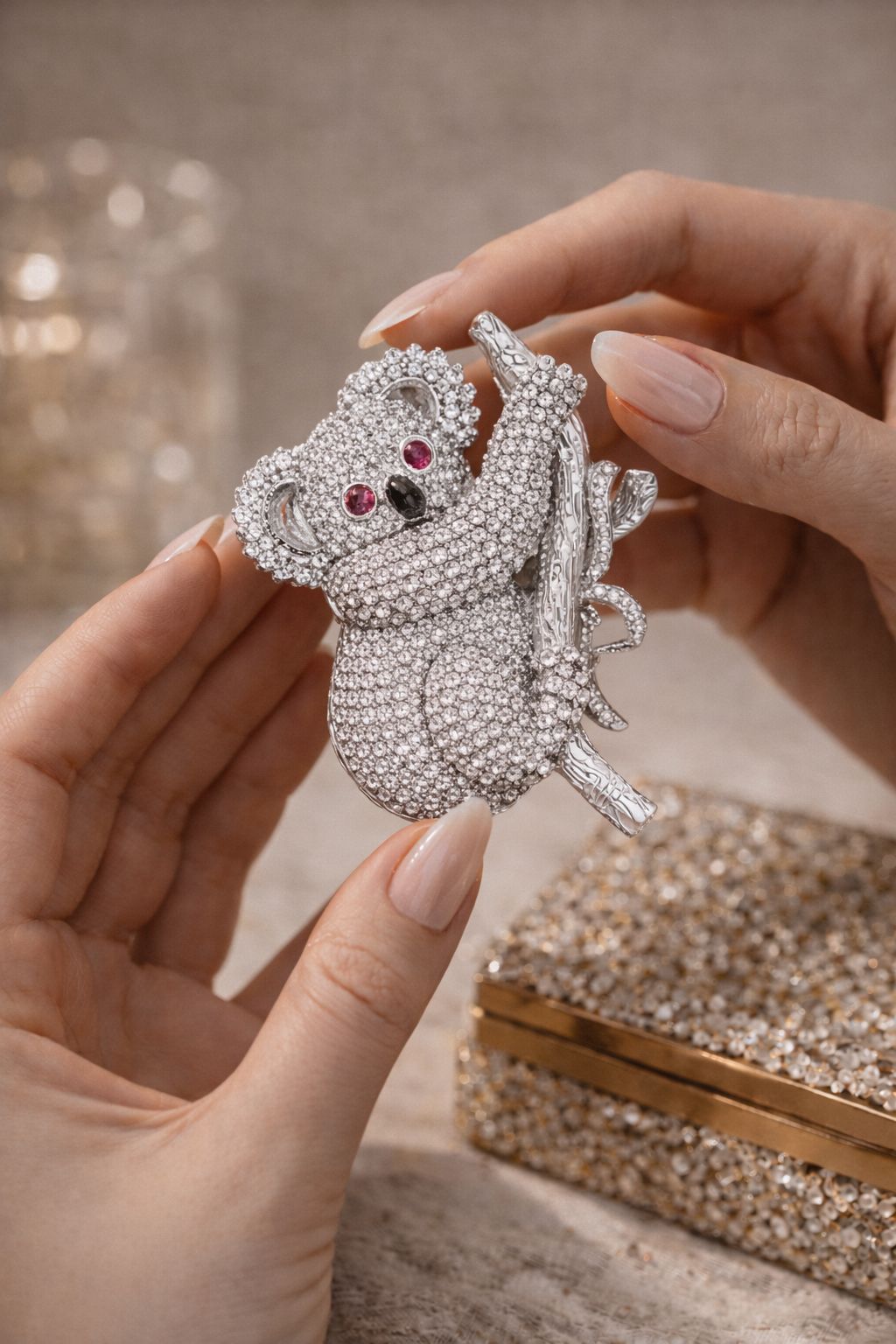 TOJ Everyday - Micro Setting Diamond Studded Koala Bear Unisex Statement Brooch for Men and Women with Ruby Dt