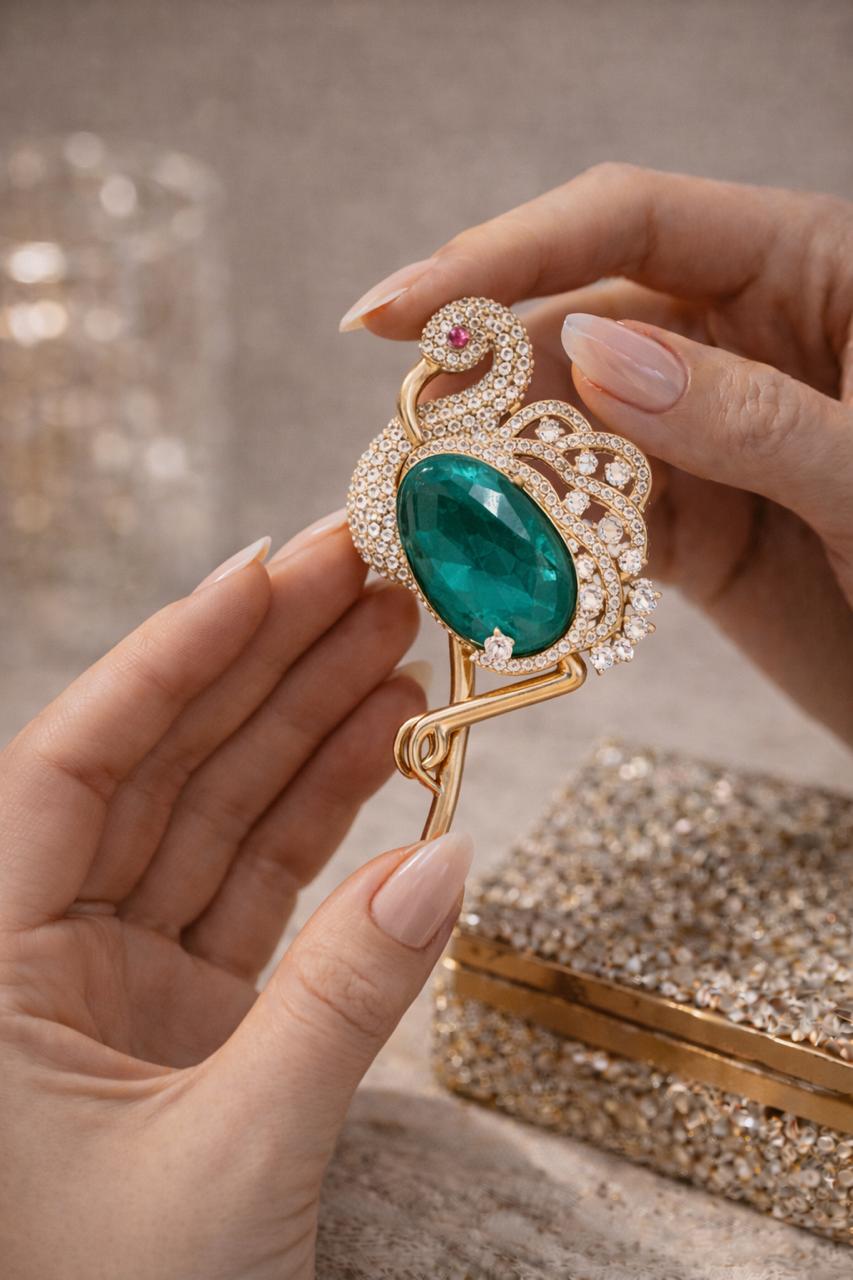 TOJ Everyday - Premium Diamond Studded Unisex Swan Brooch with Hydro Ruby and Emerald