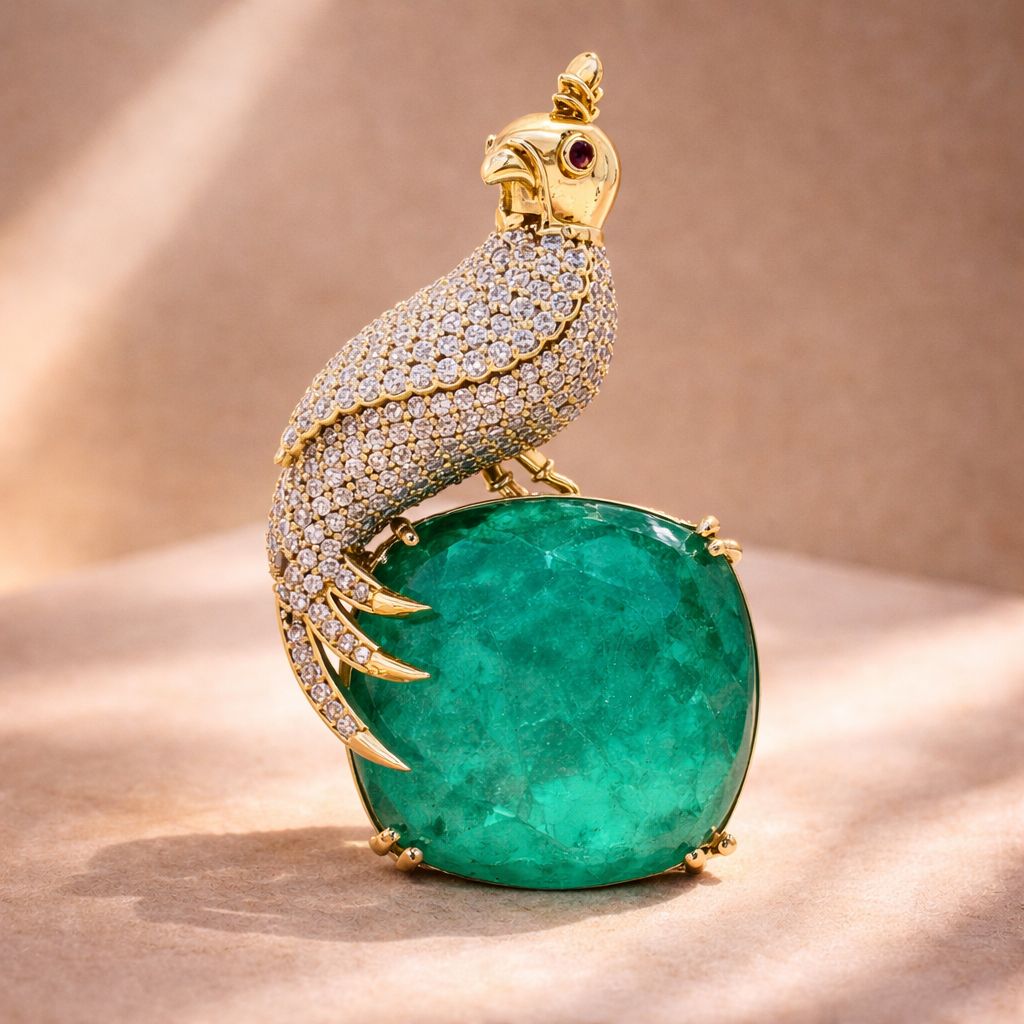 TOJ Everyday - Antique Gold Finish Micro Setting Diamond Unisex Bird Brooch for Men and Women with Emerald Detailing
