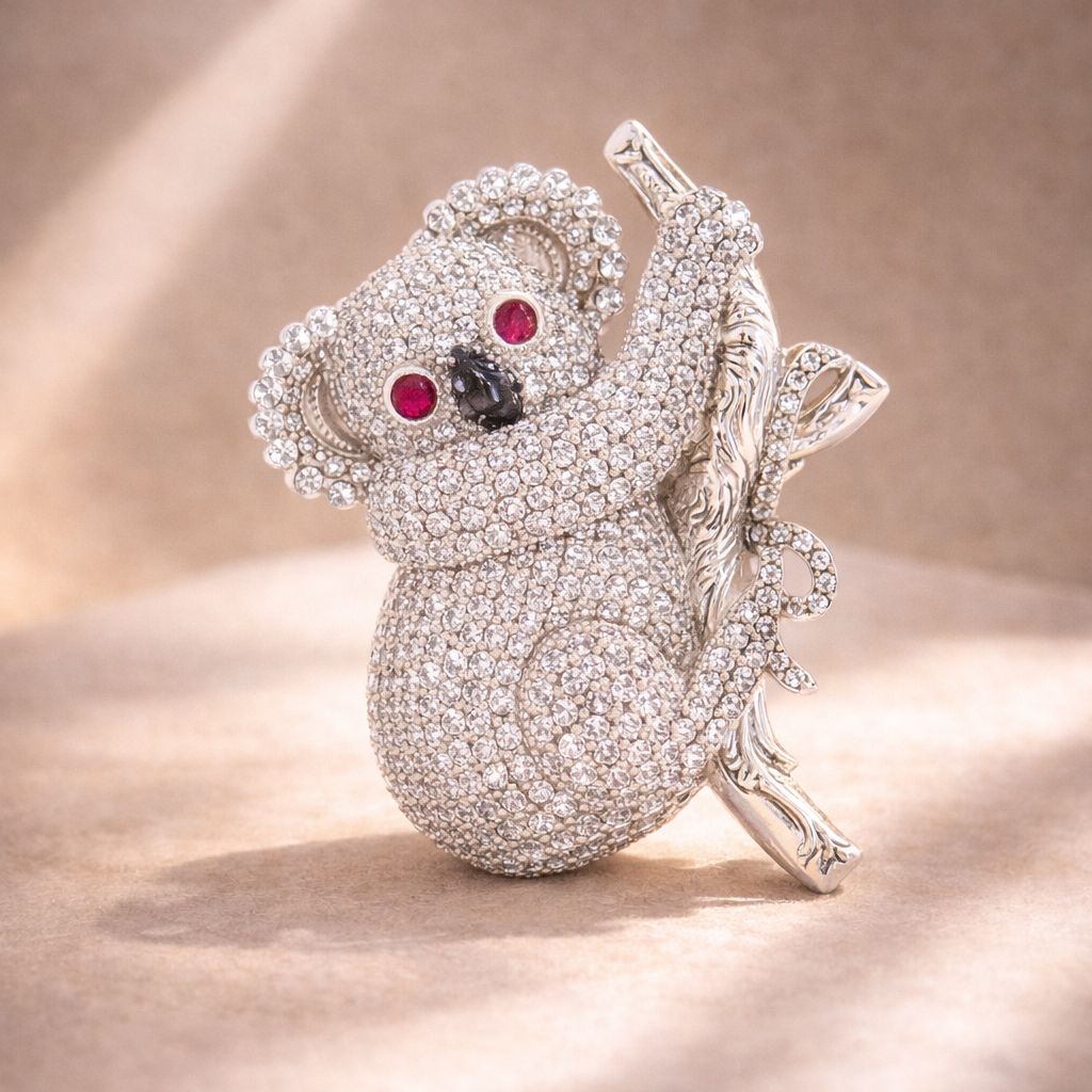 TOJ Everyday - Micro Setting Diamond Studded Koala Bear Unisex Statement Brooch for Men and Women with Ruby Dt