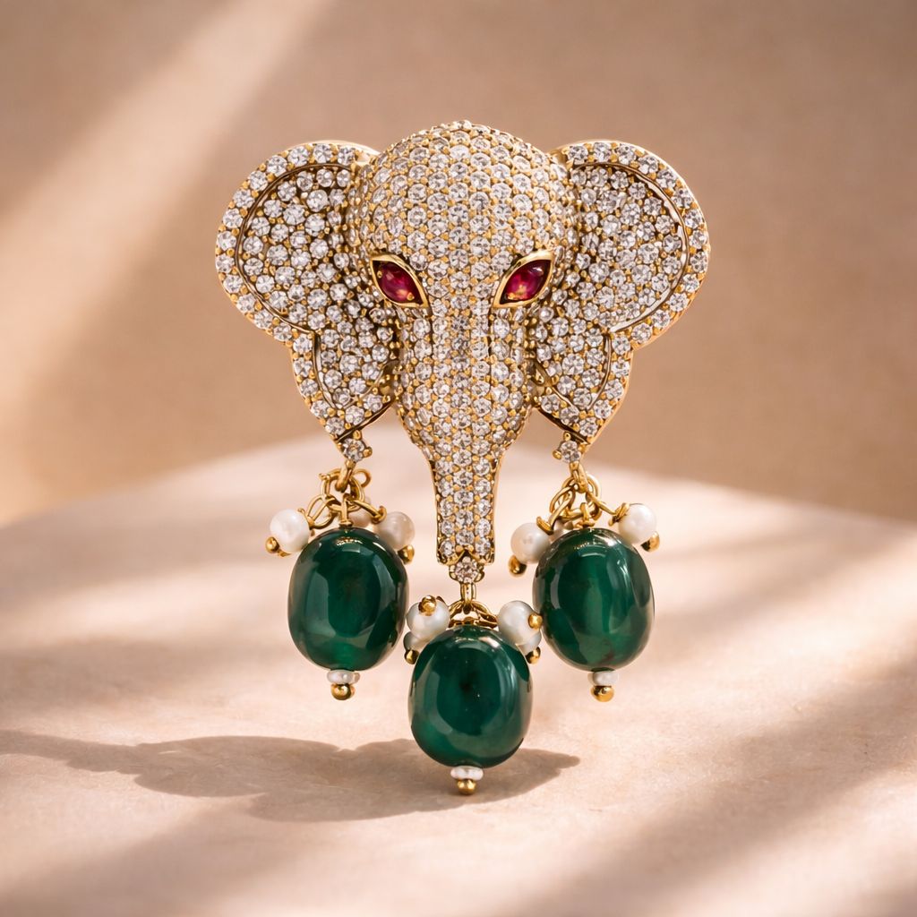 TOJ Everyday - Antique Gold Finish Lord Ganesha Unisex Brooch for Men and Women with Emerald Drops