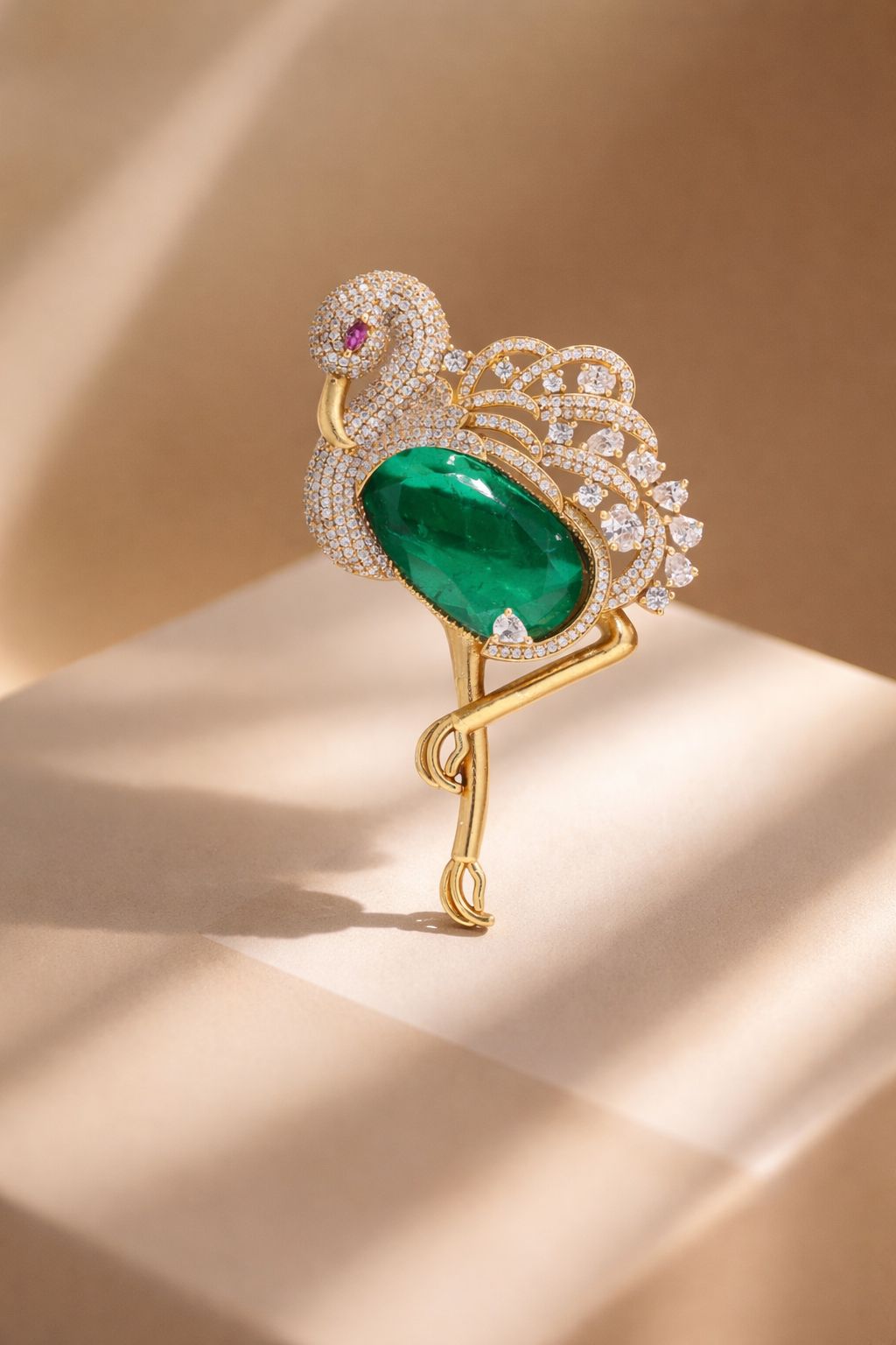 TOJ Everyday - Premium Diamond Studded Unisex Swan Brooch with Hydro Ruby and Emerald
